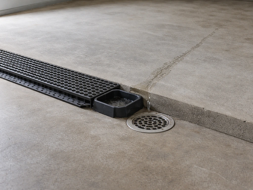 Dalle béton inclinée avec goutte d’eau guidée vers un avaloir et une membrane de drainage