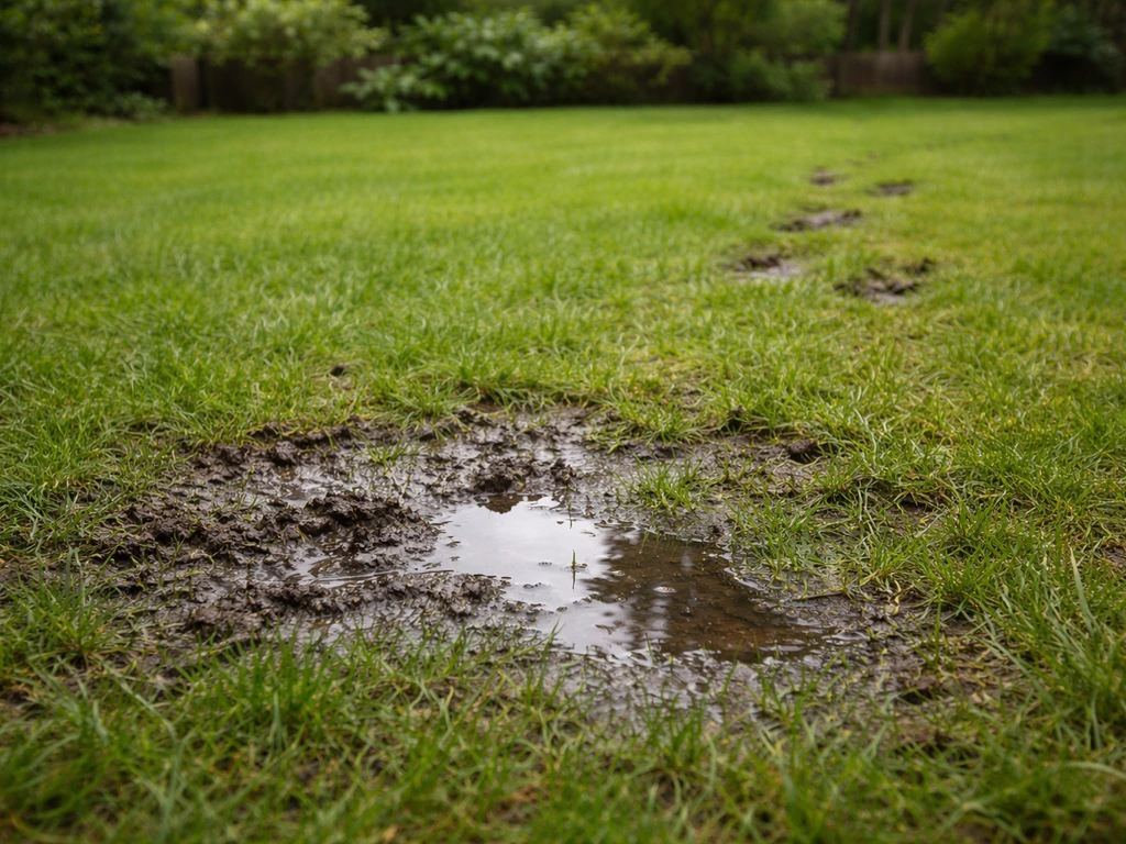 Pelouse après pluie avec une petite flaque localisée indiquant une zone où l’eau stagne.