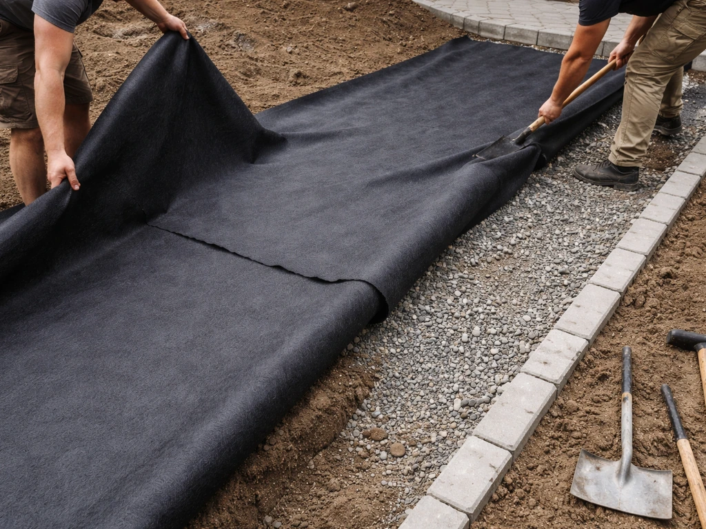 Pose d’un géotextile noir sur sol préparé, avec bordures et recouvrement visible avant drainage.