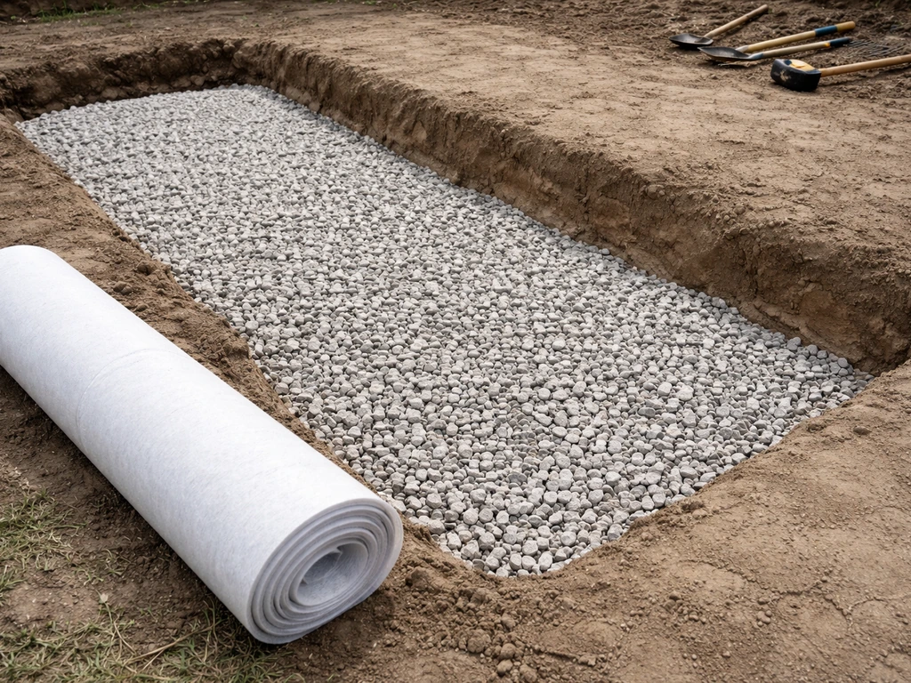 Côté chantier : gravier 4/8 drainant posé sous géotextile, pente légère, avant la pose