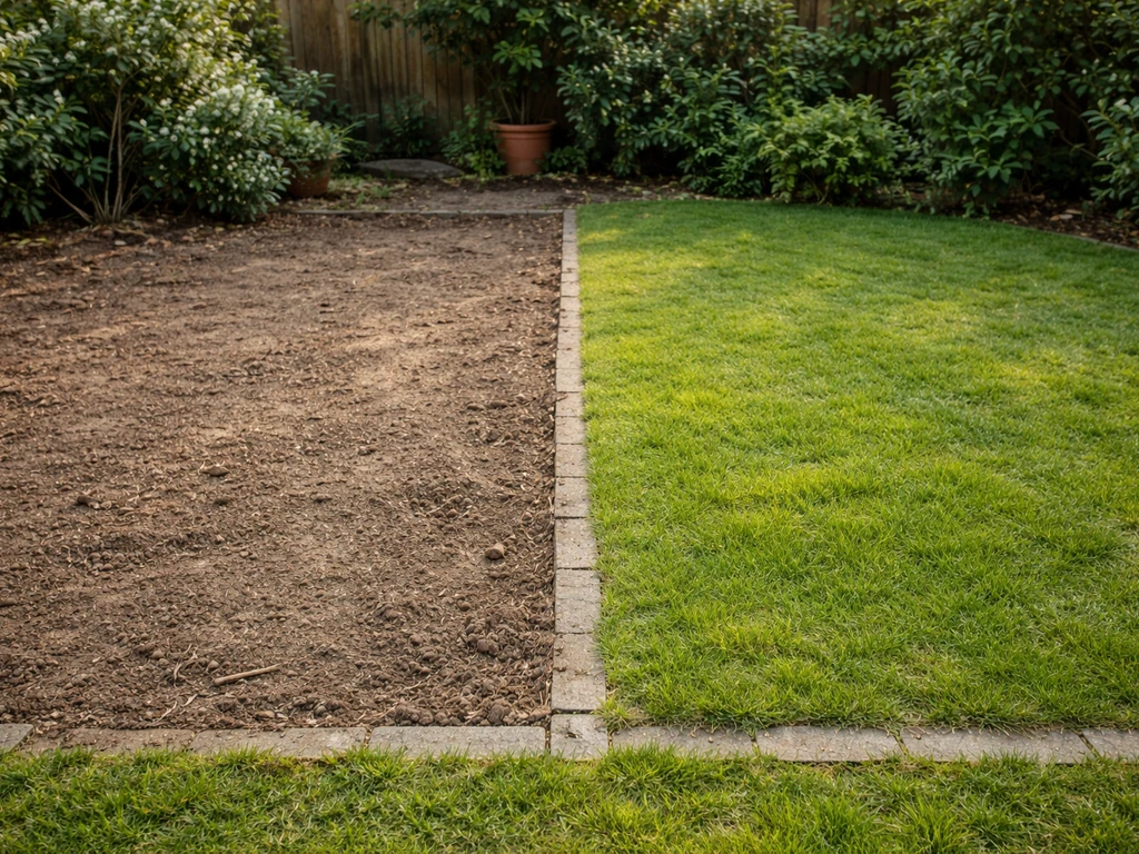 Deux zones de jardin côte à côte : herbe retirée à gauche, herbe conservée à droite.