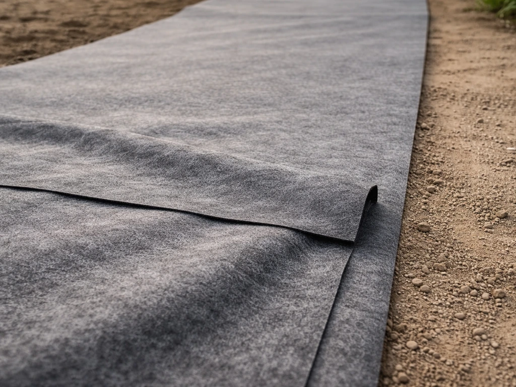Géotextile de désherbage posé en bandes avec chevauchement sur sol préparé, avant le déroulage du gazon.