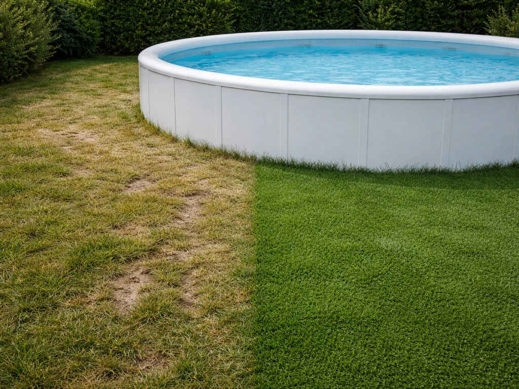 Jardin avec piscine hors-sol : bord en pelouse synthétique nette et herbe naturelle abîmée près de l’eau.