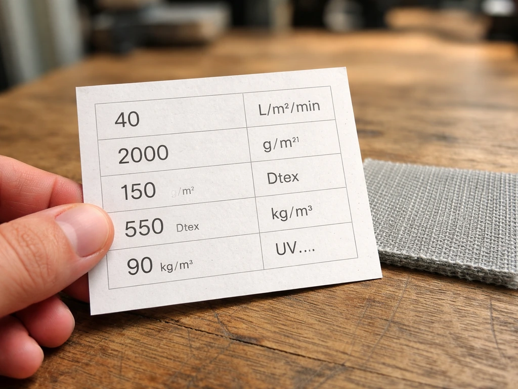 Zoom sur une étiquette technique de textile/isolant avec des valeurs techniques et échantillon de matière