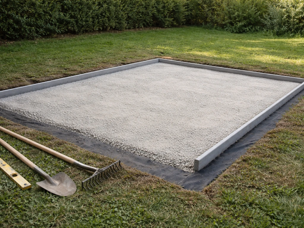 Jardin avec une zone de terrain préparée : décaissement, couche de grave 0/20, géotextile et lit de réglage.