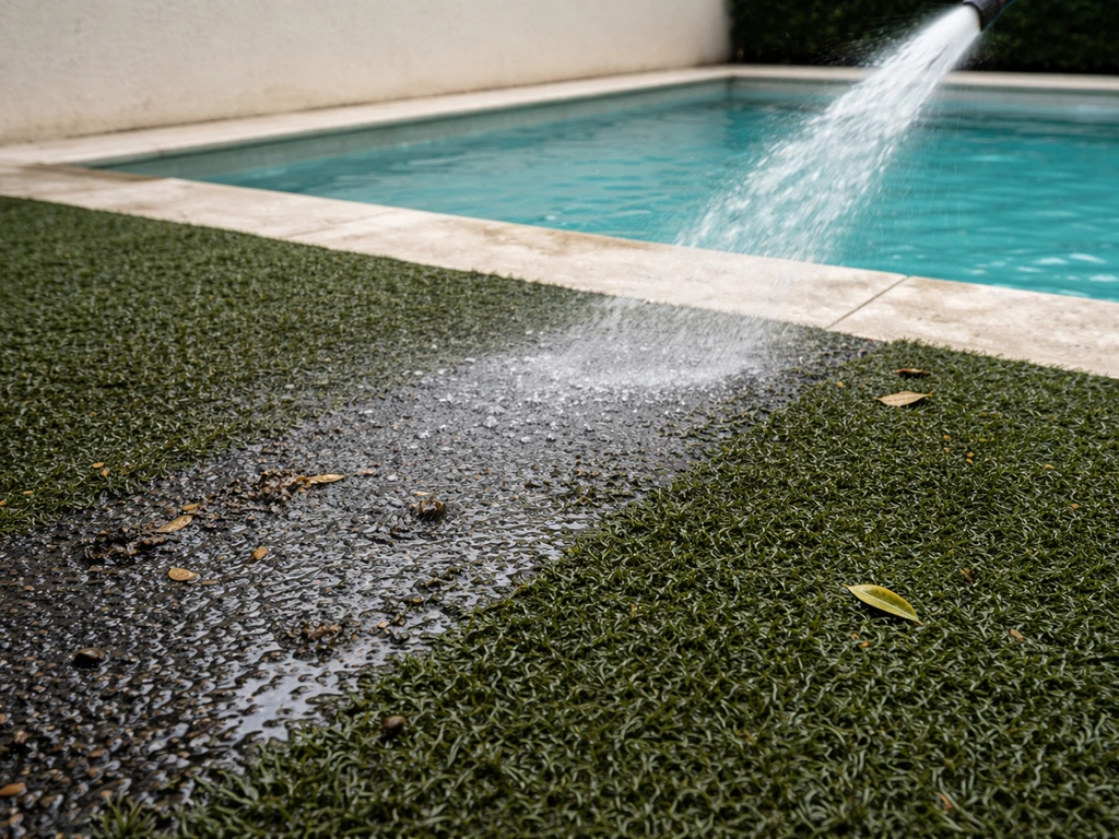 Jet d’eau rinçant une pelouse synthétique autour d’une piscine, feuilles et résidus enlevés
