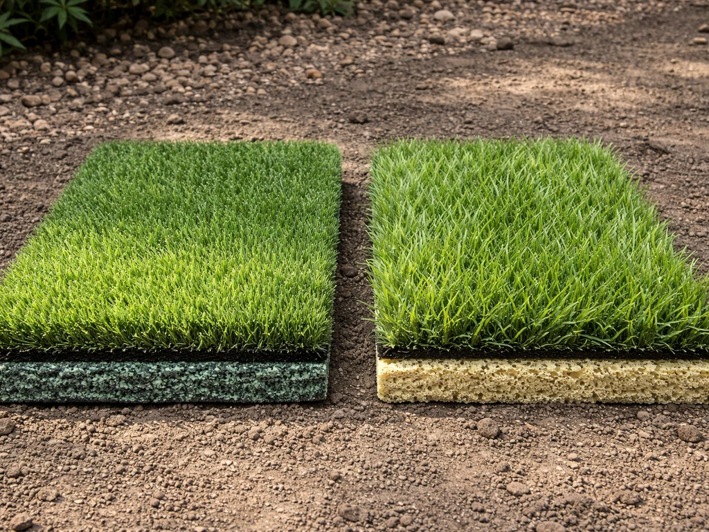 Allée de jardin en pente avec deux échantillons de gazon synthétique et une sous-couche, vue réaliste et minimaliste.