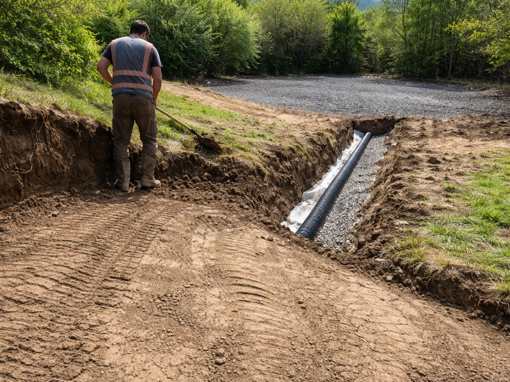 Terrassement sur pente avec tranchée de drainage, fosse de fondation et surface nivelée avant pose du gazon.