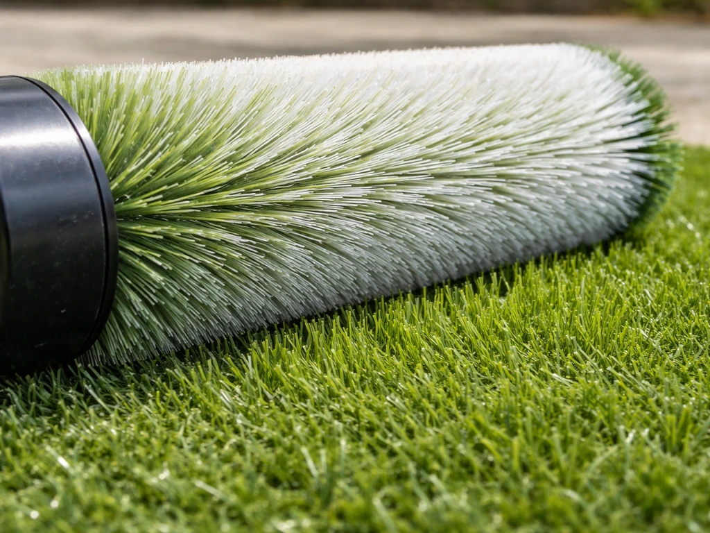Gros plan d’un rouleau-brosse en nylon souple sur gazon synthétique, redressant les fibres.