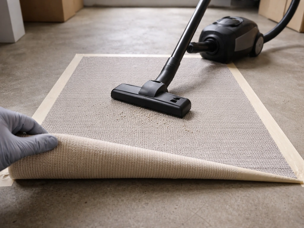 Testeur vérifie sur 1 m² une moquette avec ruban, fibres redressées et aspiration de petits débris.