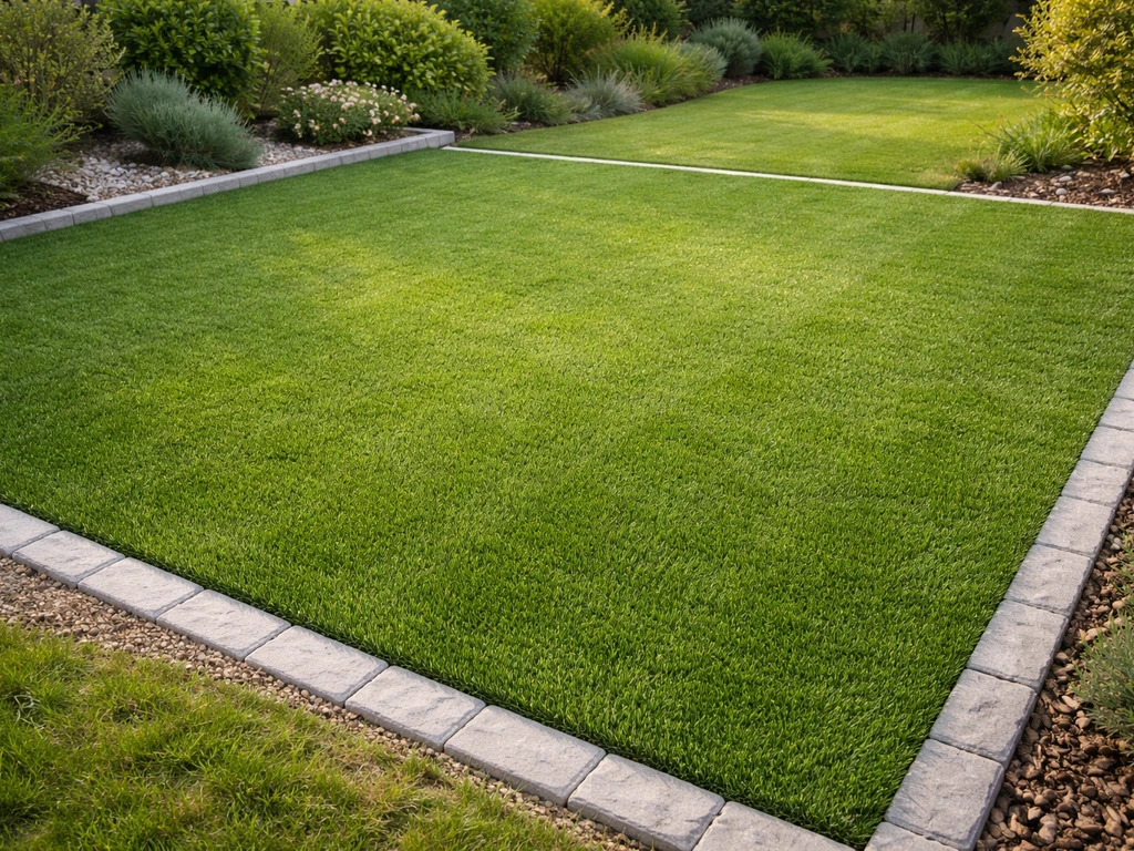 Jardin avec herbe synthétique fraîchement posée, bordures nettes et fibres brossées, rendu naturel.