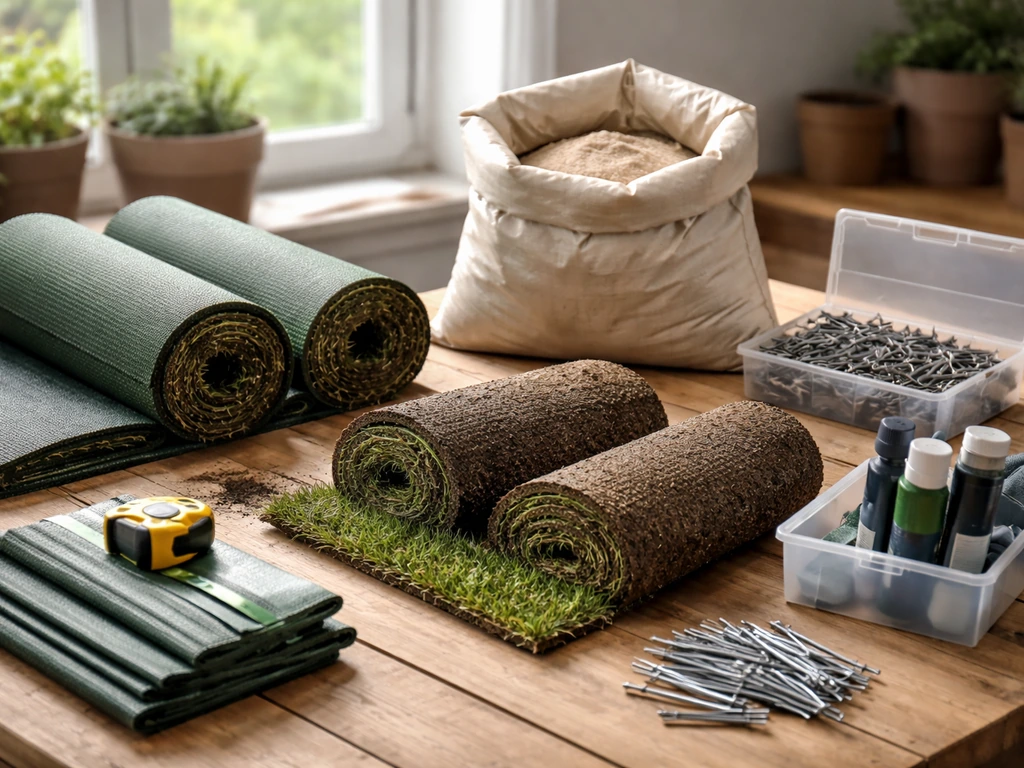 Table de préparation de gazon avec rouleaux de géotextile, lés, sable, fixations et colle, lumière naturelle.