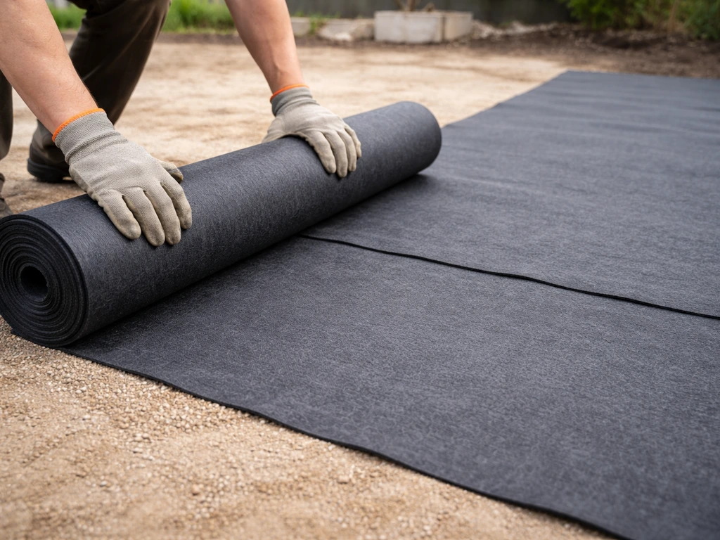 Géotextile anti-racines déroulé avec recouvrement visible sur un support de sable/gravier préparé.