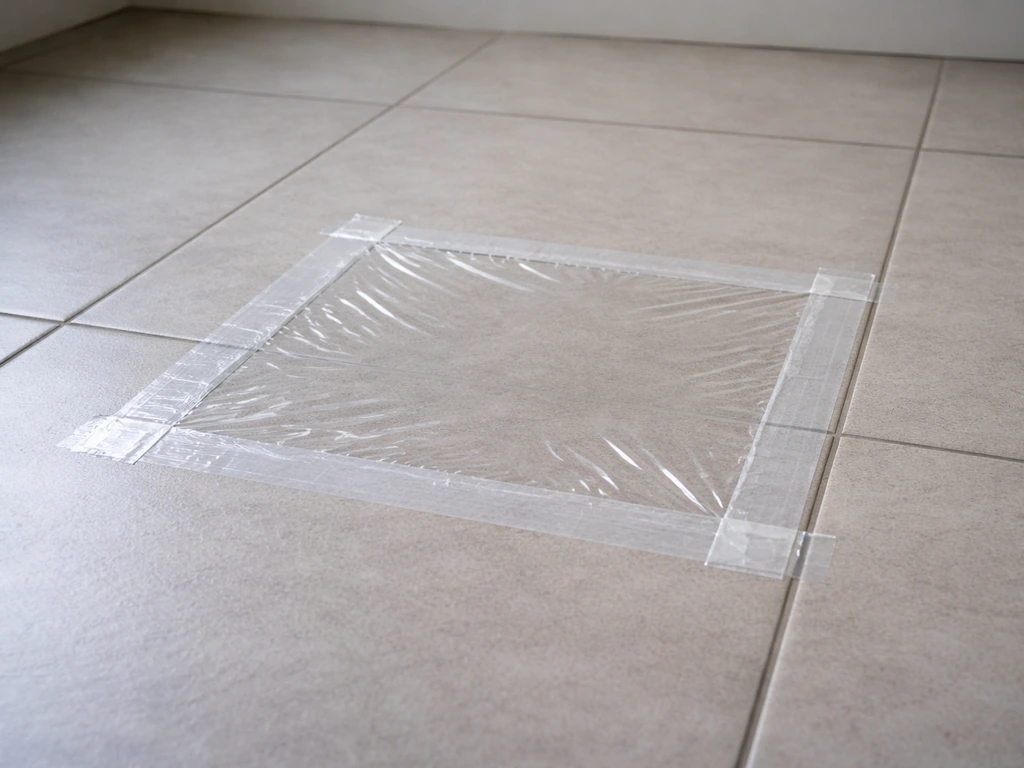 Film plastique transparent scellé au ruban adhésif sur du carrelage, prêt pour un test d’humidité de 24 h.