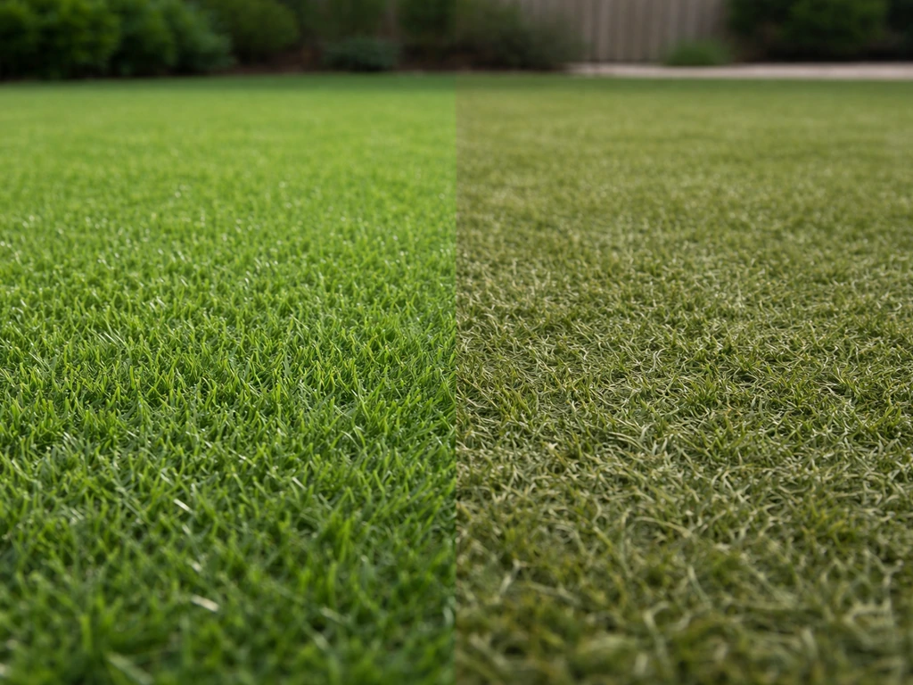 Comparaison avant/après sur gazon synthétique : zone rinçée et brossée vs zone non traitée, aspect plus propre.