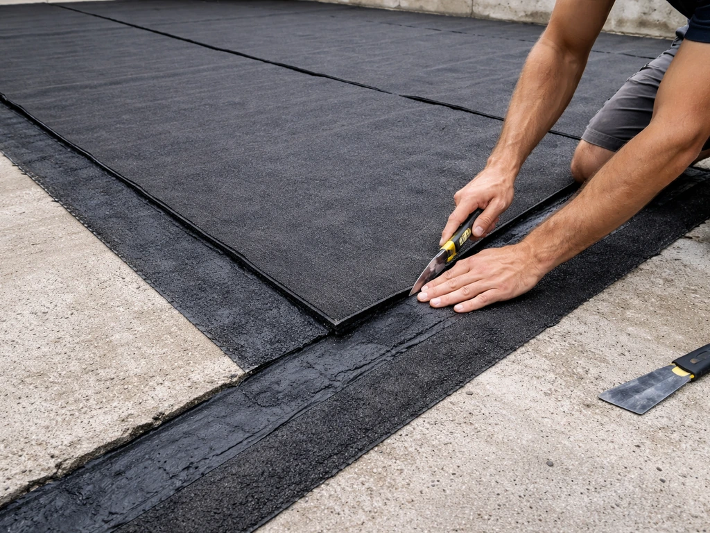 Pose soignée d’un géotextile sur béton : lés découpés, jonctions nettes et bordure fixée.