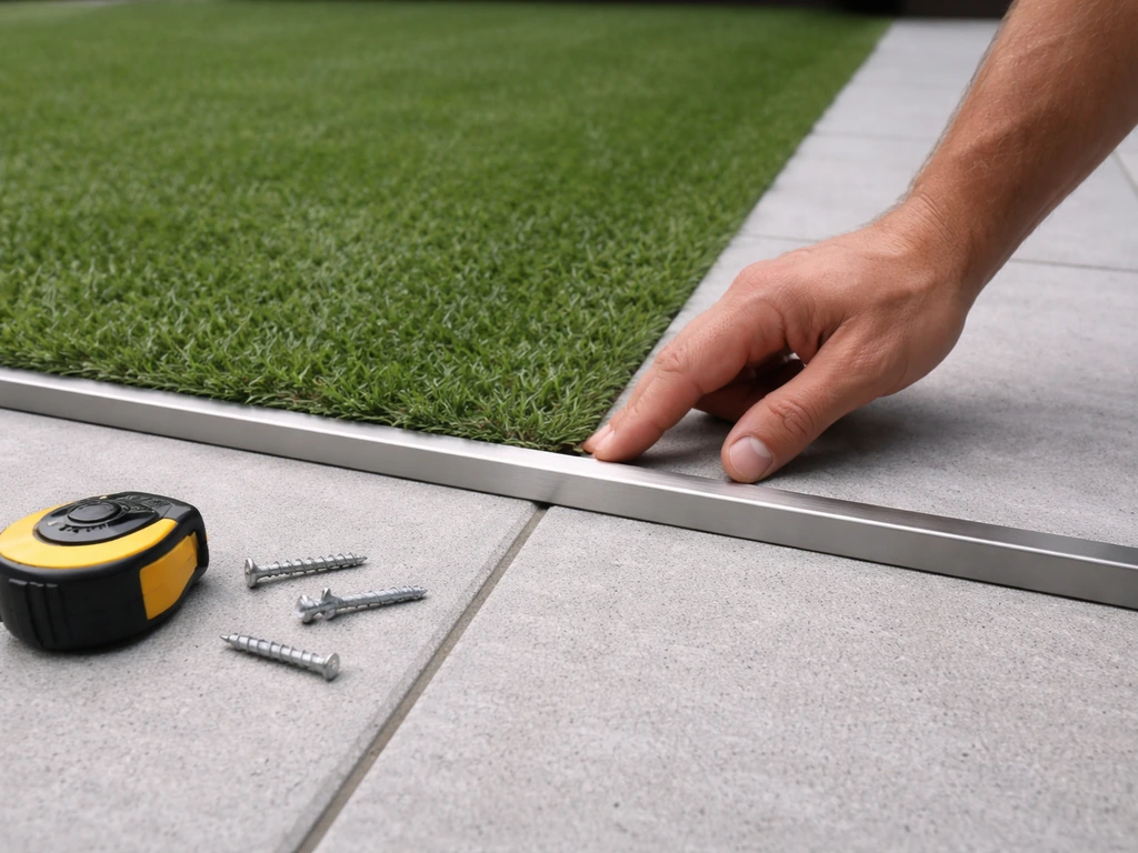 Pose d’un profilé de finition près du seuil entre pelouse synthétique et carrelage, travail en cours.