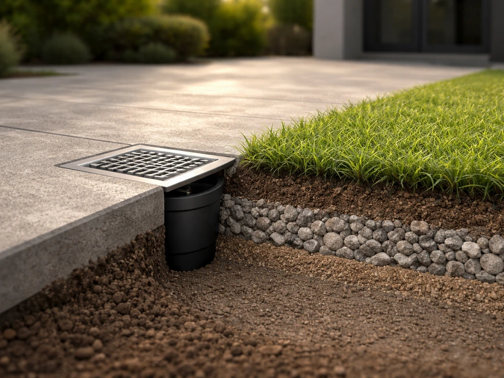 Vue rapprochée d’un sol en béton avec légère pente, grille/siphon d’évacuation et sous-couche drainante sous pelouse.