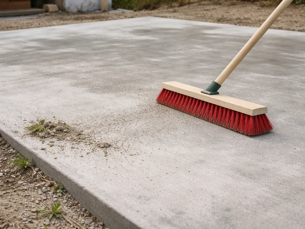 Dalle béton nettoyée et balayée sur un chantier, prête pour la pose du gazon synthétique.