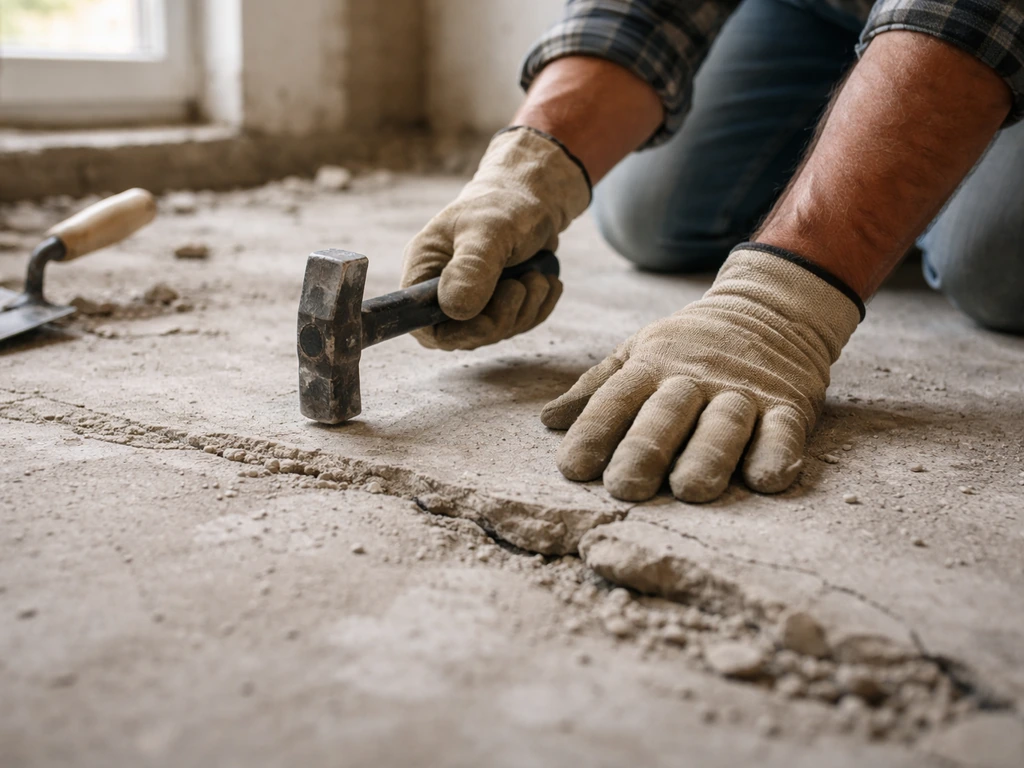 Un ouvrier anonyme tapote une dalle en béton au marteau pour vérifier d’éventuelles zones décollées.