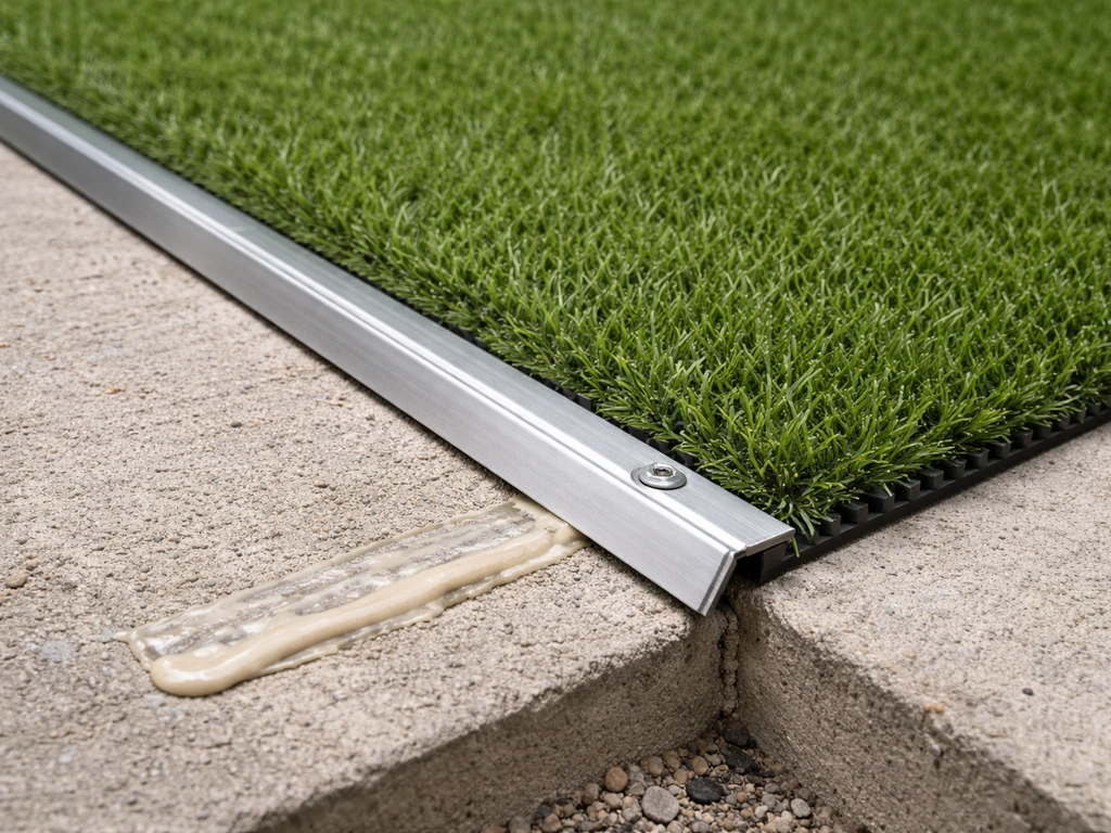 Pose soignée du gazon sur dalle : barre de seuil aluminium fixée avec chevilles, bord propre et net.