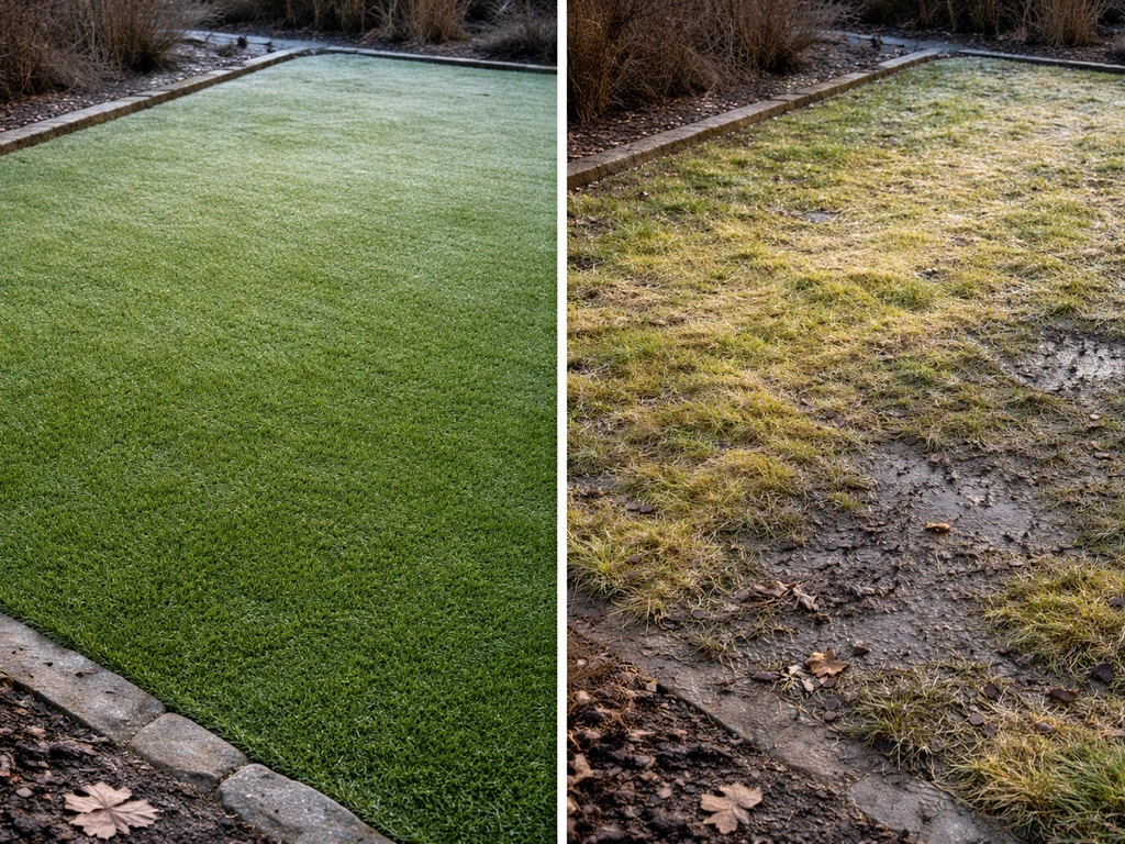 Avant/après : pelouse synthétique verte et propre face à un gazon naturel jaune sous gel, en deux panneaux.