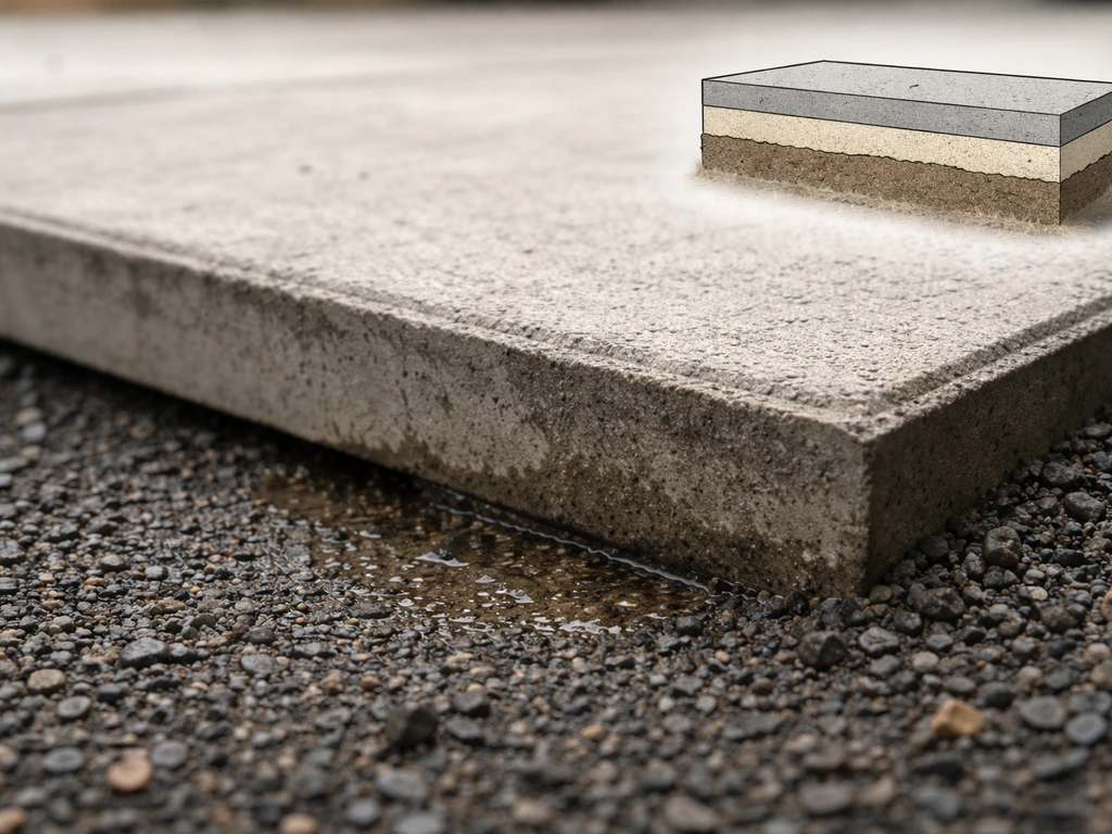 Coupe schématique visuelle et photo réaliste d’une dalle béton avec pente insuffisante et eau stagnante