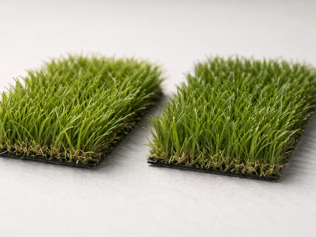 Gros plan de deux échantillons de fibres de pelouse synthétique montrant la texture PE vs PP.