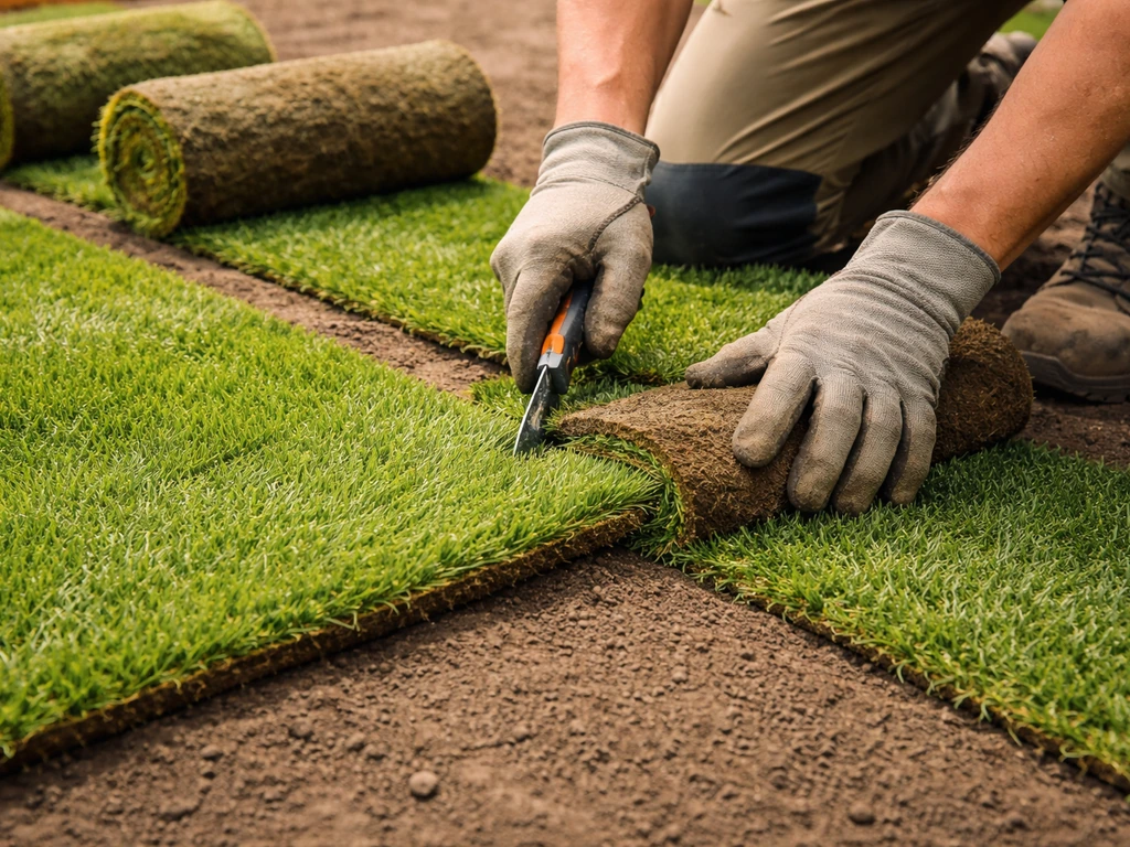 Mains anonymes découpant et alignant des lés de gazon, fibres orientées dans le même sens, jardin prêt à poser.