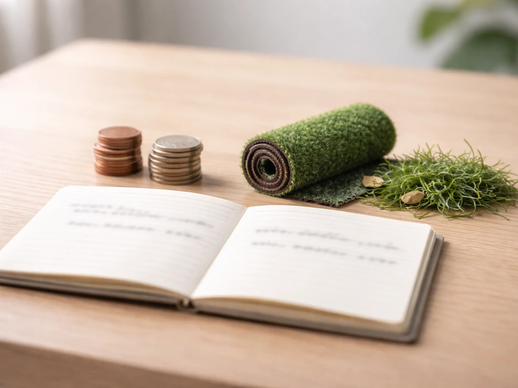 Objets sur une table illustrant l’idée de comparer le coût sur 10 ans entre gazon naturel et synthétique.
