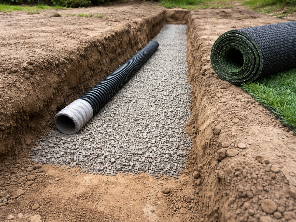Tranchée de drainage pour gazon synthétique : pente, lit de sable drainant et évacuation d’eau.
