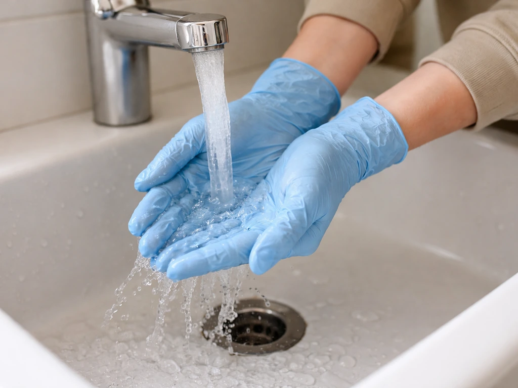 Personne anonyme portant des gants, rinçant immédiatement une zone au jet d’eau claire au-dessus d’un évier.