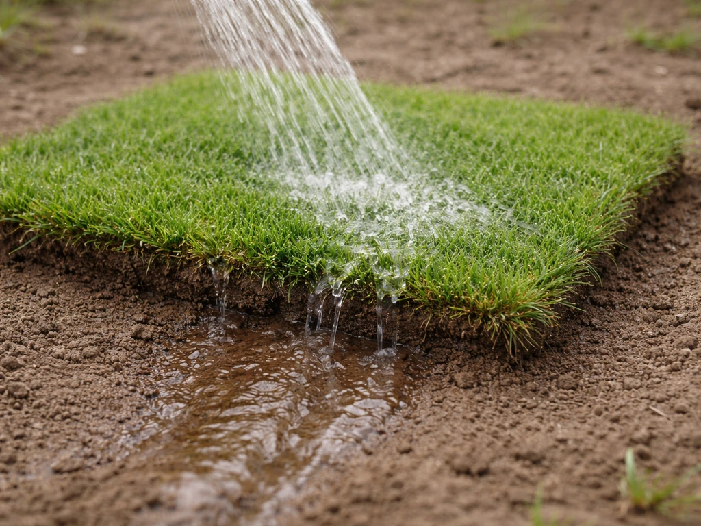 Jet d’eau sur une pelouse posée sur terre, eau qui s’infiltre vers le bas sans rétention.