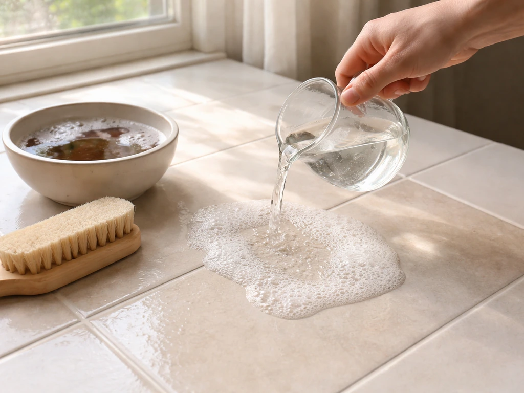 Main versant une solution savonneuse sur une surface après rinçage, avec une brosse propre en arrière-plan.