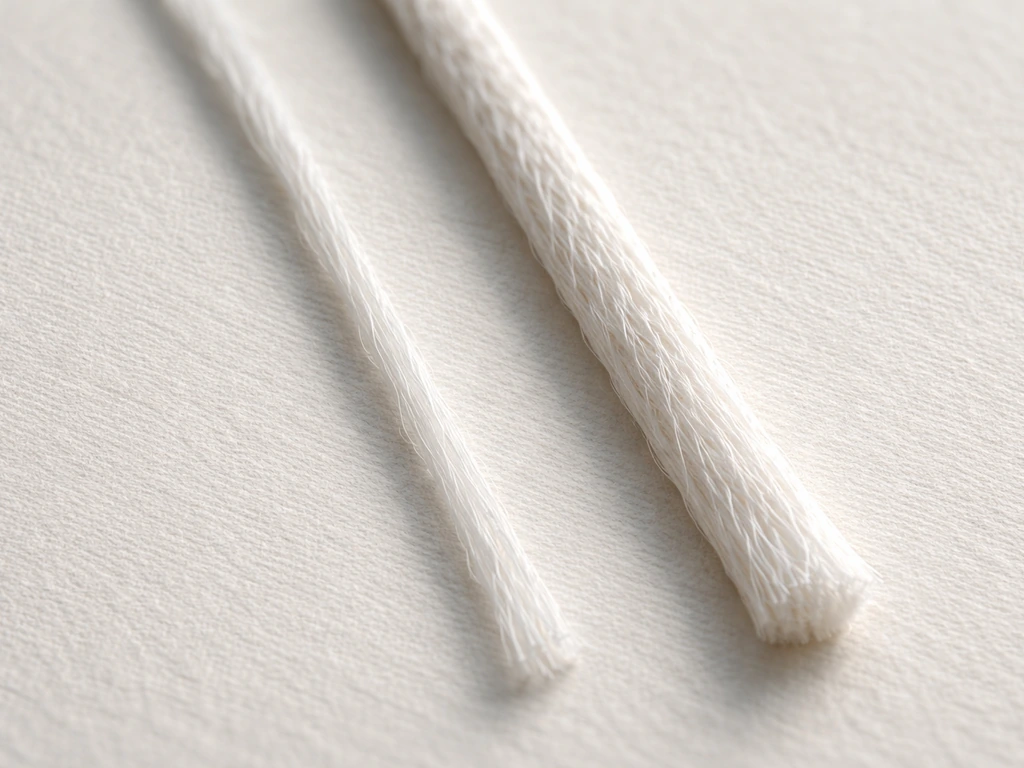 Deux fibres synthétiques côte à côte, l’une plus fine et l’autre plus épaisse, texture visible sous lumière rasante.