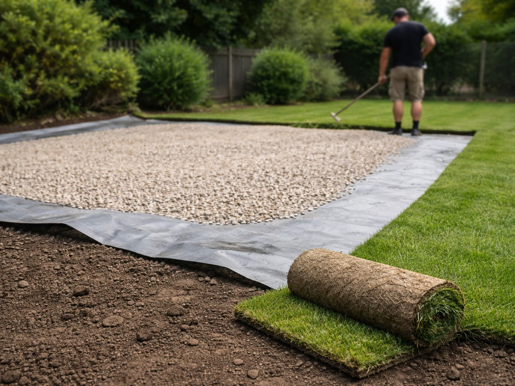 Un jardin fraîchement préparé : gravillons et géotextile visibles, puis rouleaux de gazon en cours de pose.