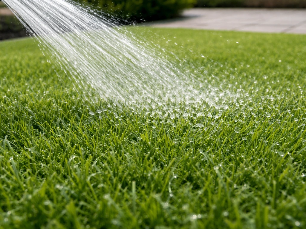 Jet d’eau douce sur gazon synthétique, gouttelettes visibles sur les fibres avant le traitement