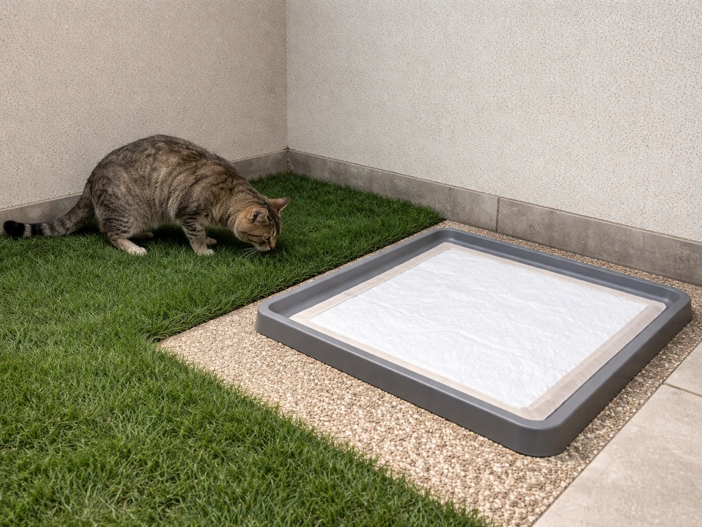 Chat sur une zone alternative délimitée avec tapis près d’un gazon synthétique, ambiance calme à la maison.