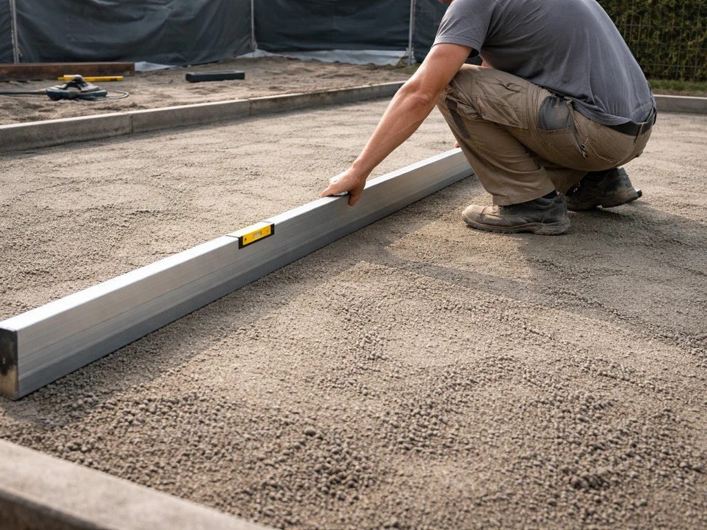 Un ouvrier contrôle la planéité d’un tout-venant avec une règle de maçon sur un chantier de gazon synthétique.