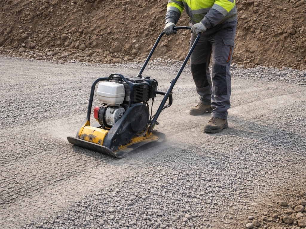 Opérateur compactant un tout-venant avec une plaque vibrante, surface de gravier uniformisée en chantier.