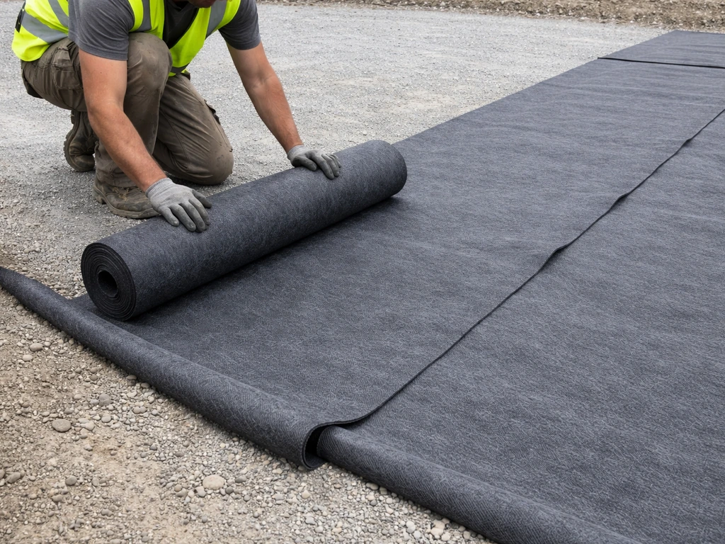Pose de géotextile non tissé sur tout-venant, avec lés déroulés et alignés avant le gazon synthétique.