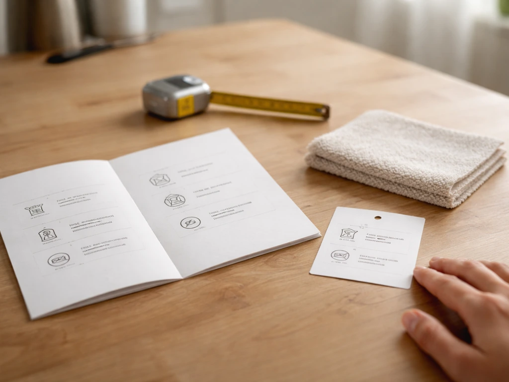 Fiche technique et étiquette produit ouvertes sur une table, avec échantillon de tissu et mètre ruban pour vérifier.