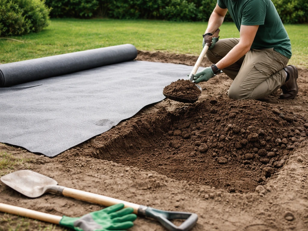 Jardinier au travail retirant la terre et posant une membrane géotextile sur un sol nu, avant la pose du revêtement.