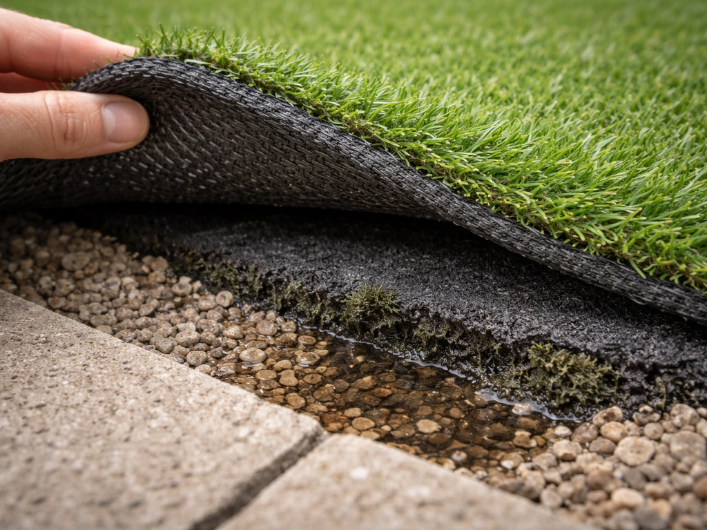 Coin de gazon synthétique soulevé montrant une sous-couche humide et une accumulation sous drainage.