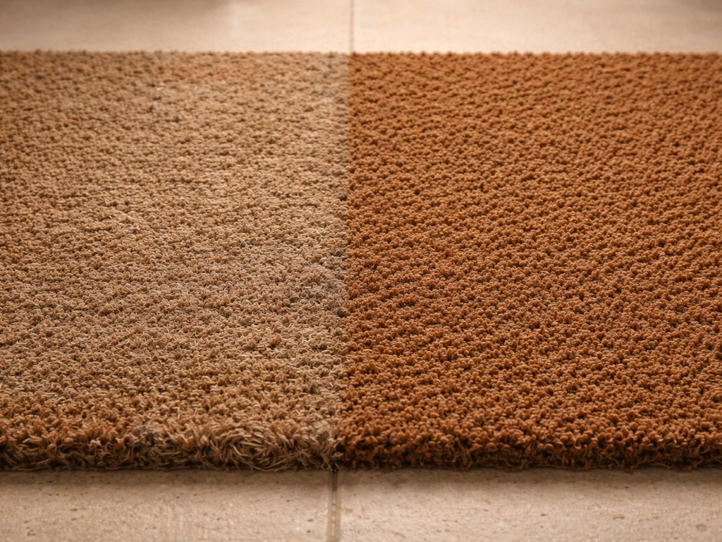 Tapis avec deux zones côte à côte : fibres aplaties et décolorées à gauche, intactes à droite.