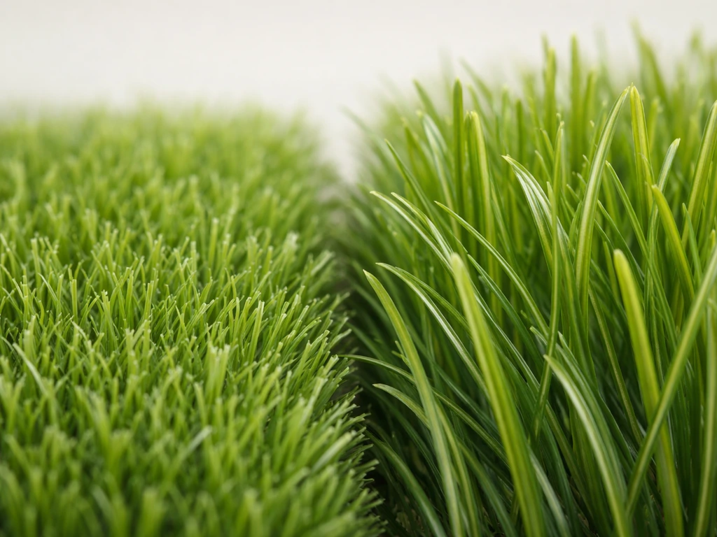 Gros plan comparatif de brins de gazon synthétique : densité et hauteur différentes, fibres bien visibles.