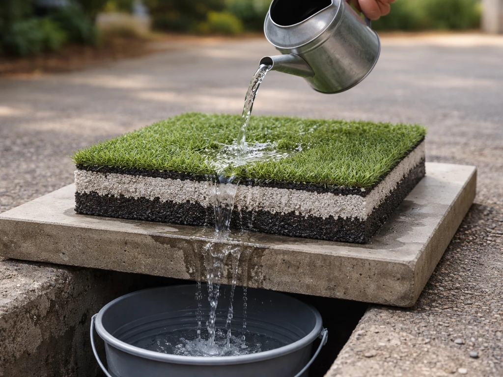 Test de drainage du gazon synthétique : eau versée sur une dalle avec sous-couche et écoulement visible.