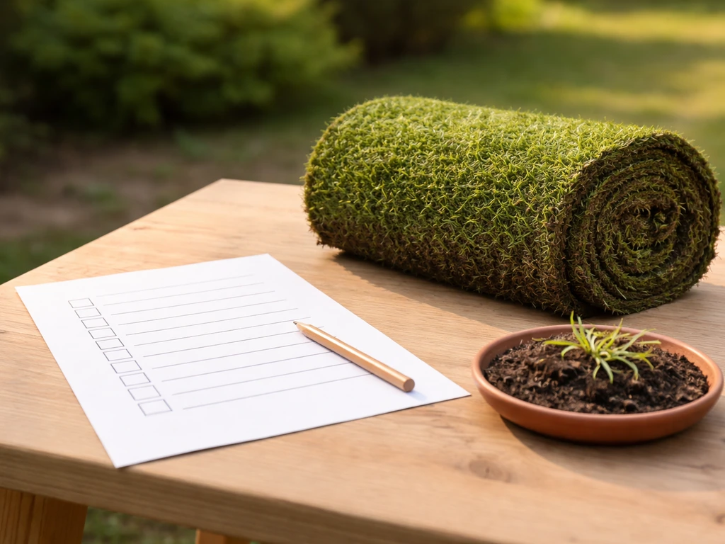 Une check-list de questions sur une table à côté d’un rouleau de gazon, près d’un échantillon de sol.