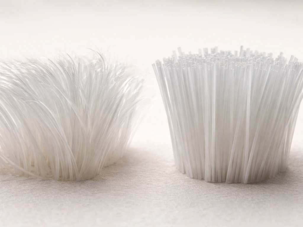 Gros plan comparatif de deux fibres synthétiques, l’une souple et l’autre plus ferme, au toucher.