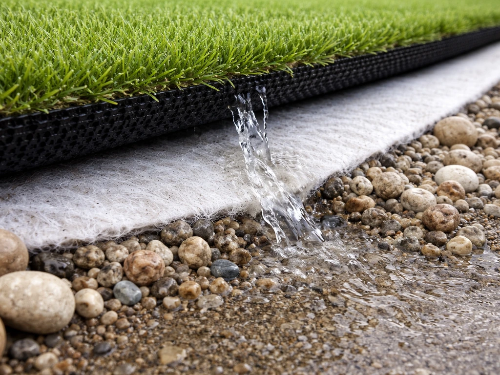 Eau qui s’écoule vite sous une sous-couche en gravier drainant sous du gazon synthétique.